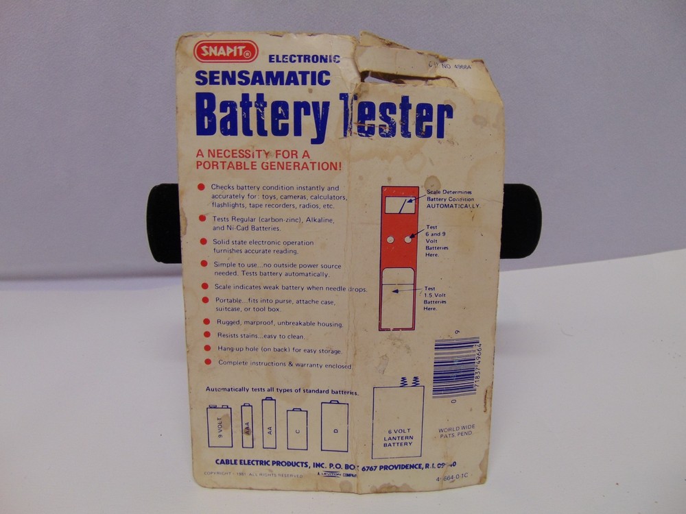 1981 Snapit Electronic Sensamatic Battery Tester USA Cable Electronics #49664