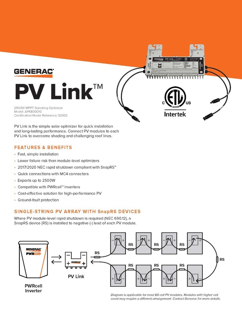 Generac S2502 PV Link Photovoltaic Substring Optimizer APKE00010