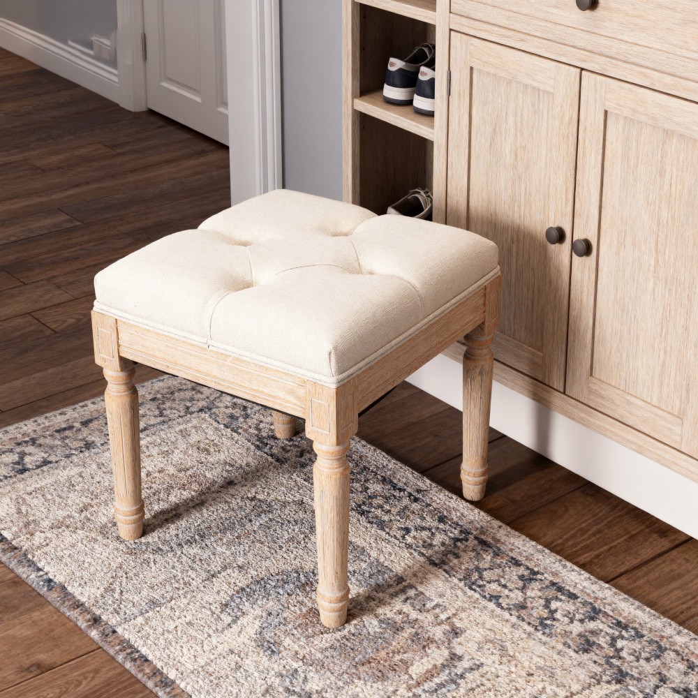 Beige Small Padded Bench Solid Wood Rattan Upholstered Vanity Stool