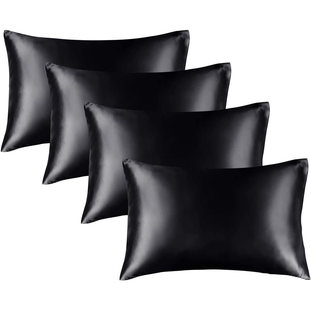 4 Pack Satin Pillow Covers, Envelope Closure, King Size, Black