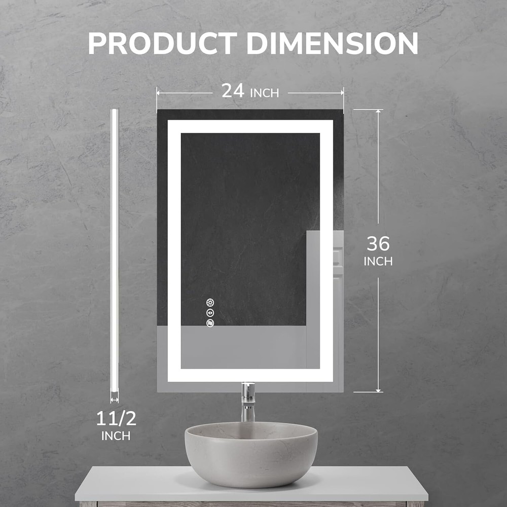 24"X36" LED Bathroom Mirror, Lighted Vanity Mirror Touch Glass Mirror Dimmable