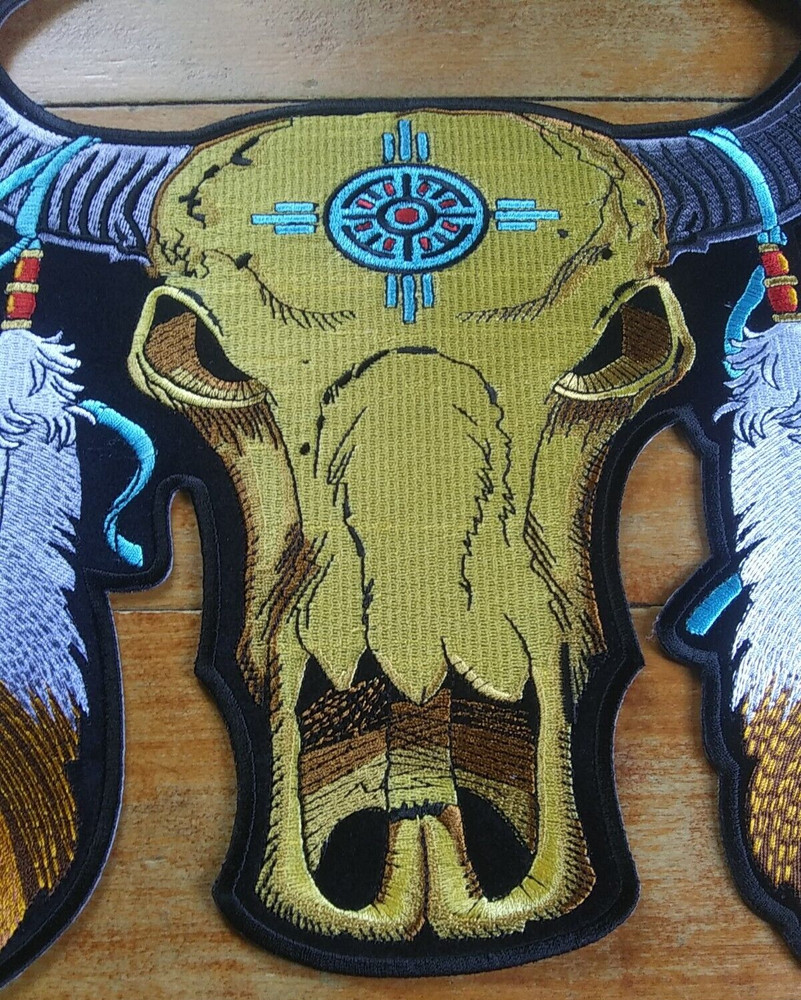 LARGE Embroidered Back Patch Bull Buffalo Skull with Feathers Biker Jacket PATCH