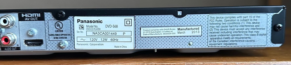 Panasonic S68 HDMI Dolby Digital DVD CD Player w/Remote Control