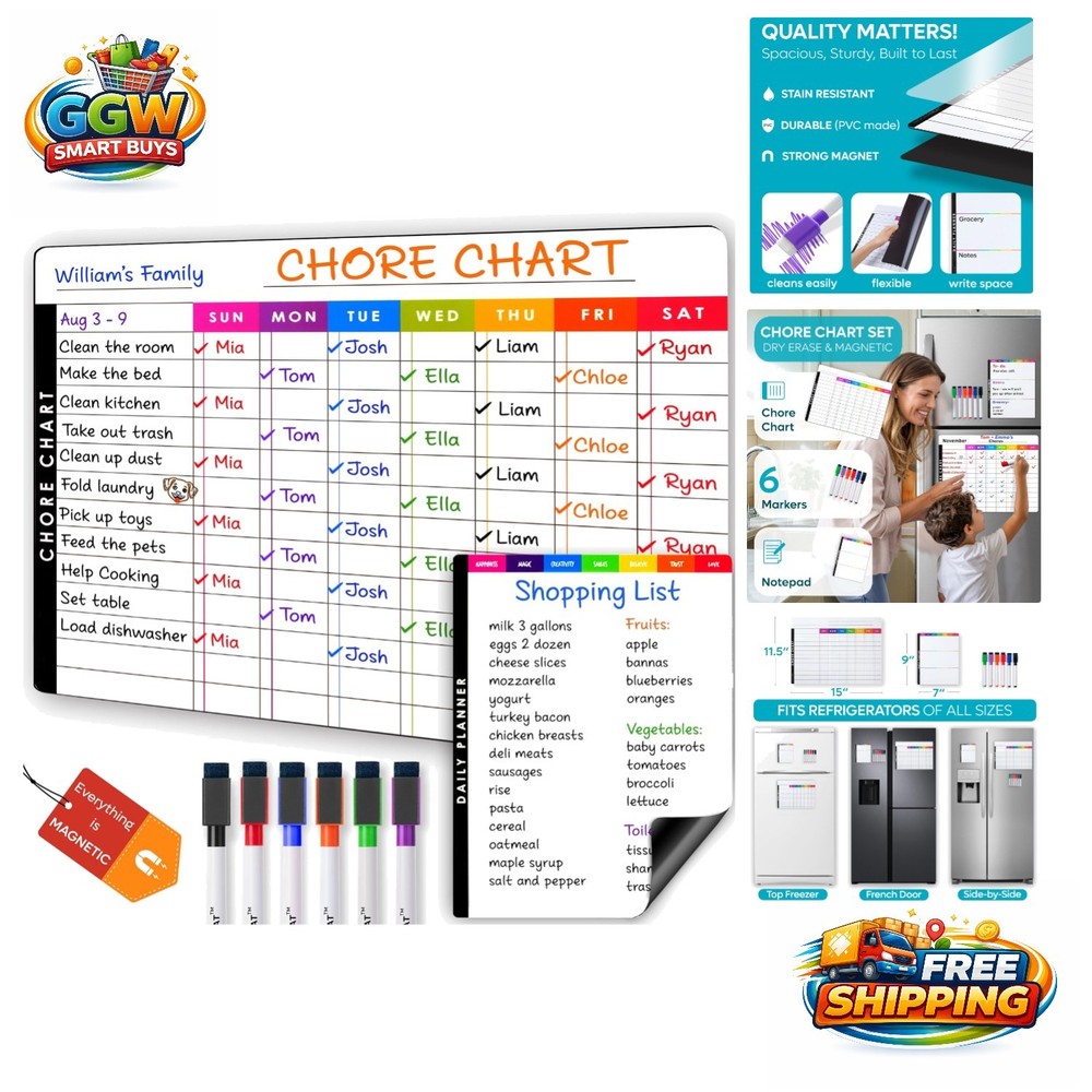 Multi-User Magnetic Whiteboard & Chore Chart Set - Bring Fun to Responsibility