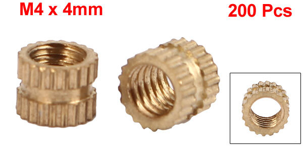 200pcs M4 x 4mm Female Thread Brass Knurled Threaded Insert Embedment Nuts