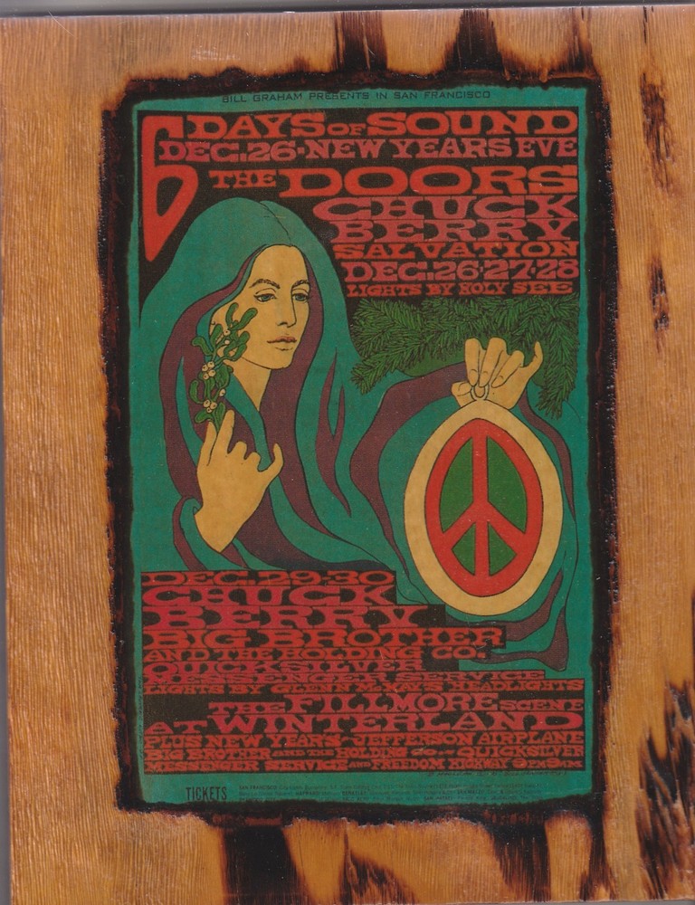 THE DOORS,CHUCK BERRY 1967 FILLMORE WEST WINTERLAND AD COPIED ON A WOODEN PLAQUE