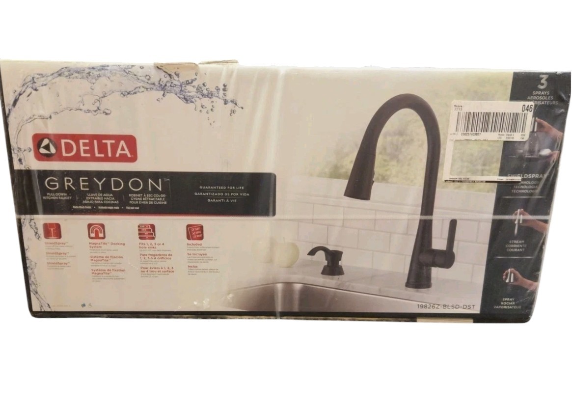 Delta Greydon Pull Down Kitchen Faucet w/ ShieldSpray Soap Dispenser Matte Black