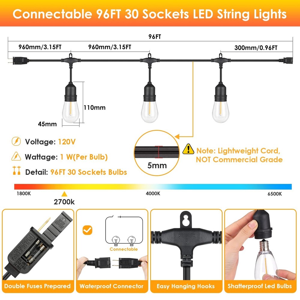 Mlambert 96FT LED Outdoor String Lights, Dimmable Waterproof Patio Lights wit...