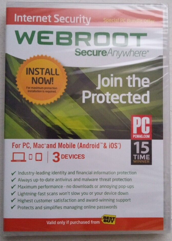 Webroot Secure Anywhere Internet Security 3 Devices Brand New Sealed