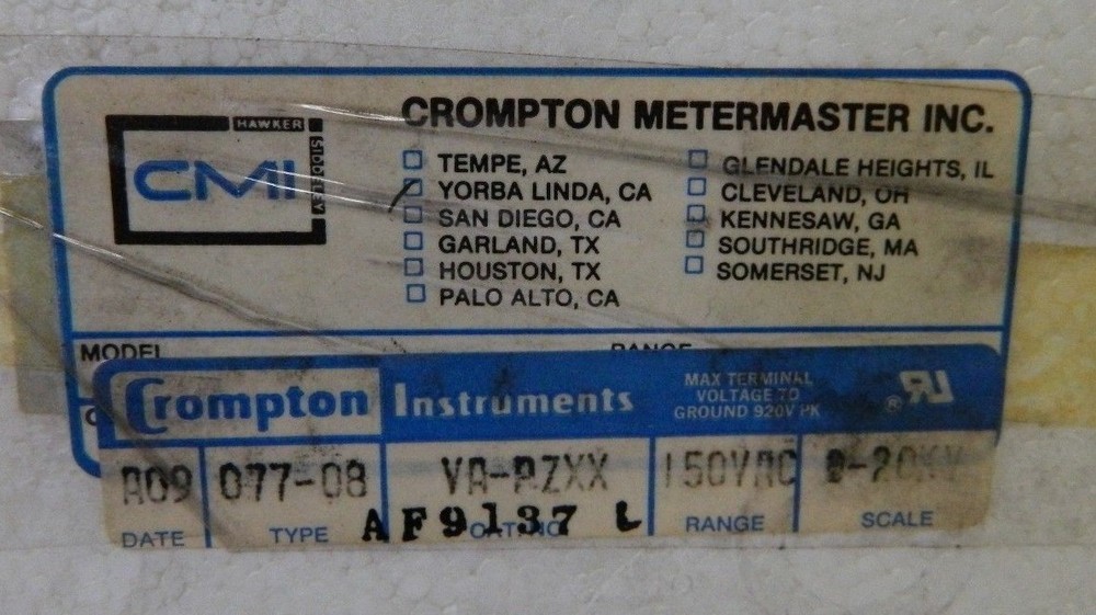 Crompton Instruments 077-08 AC Amperes Panel Meter VA-PZXX