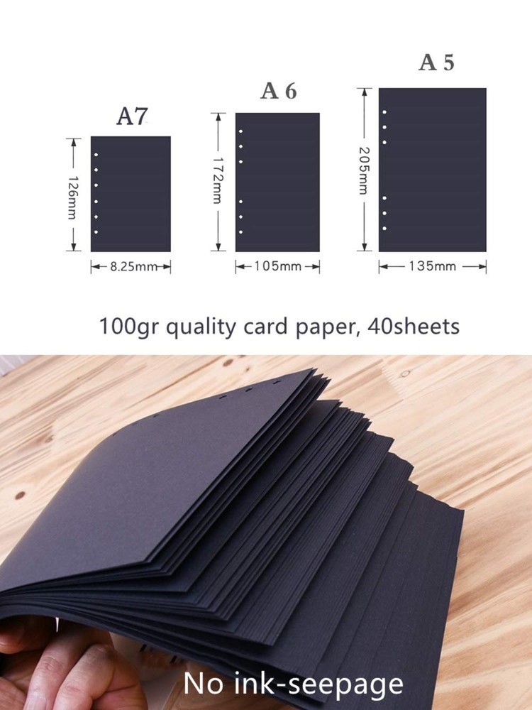 A6 Planner Refill, Refillable Notebook Paper, 6 Ring Binder A6, Black Blank