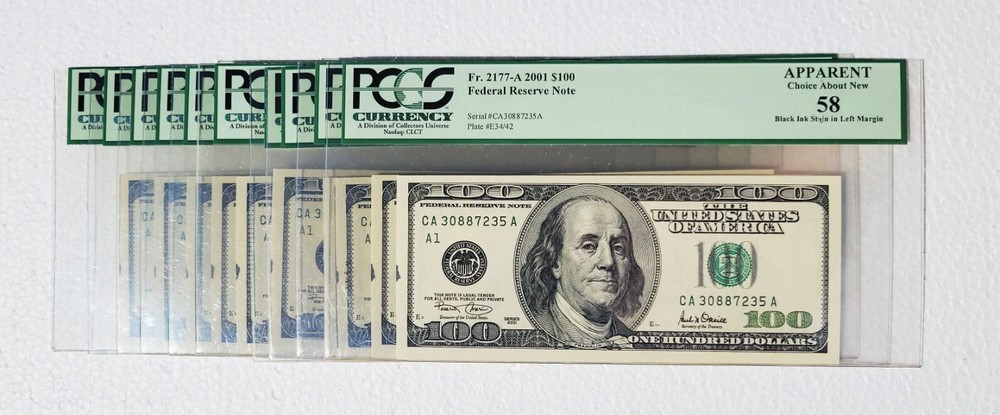 (10) 2001 $100 Consecutive FERDERAL RESERVE ERROR NOTE ♚BLACK INK STAIN♚ PCGS 58
