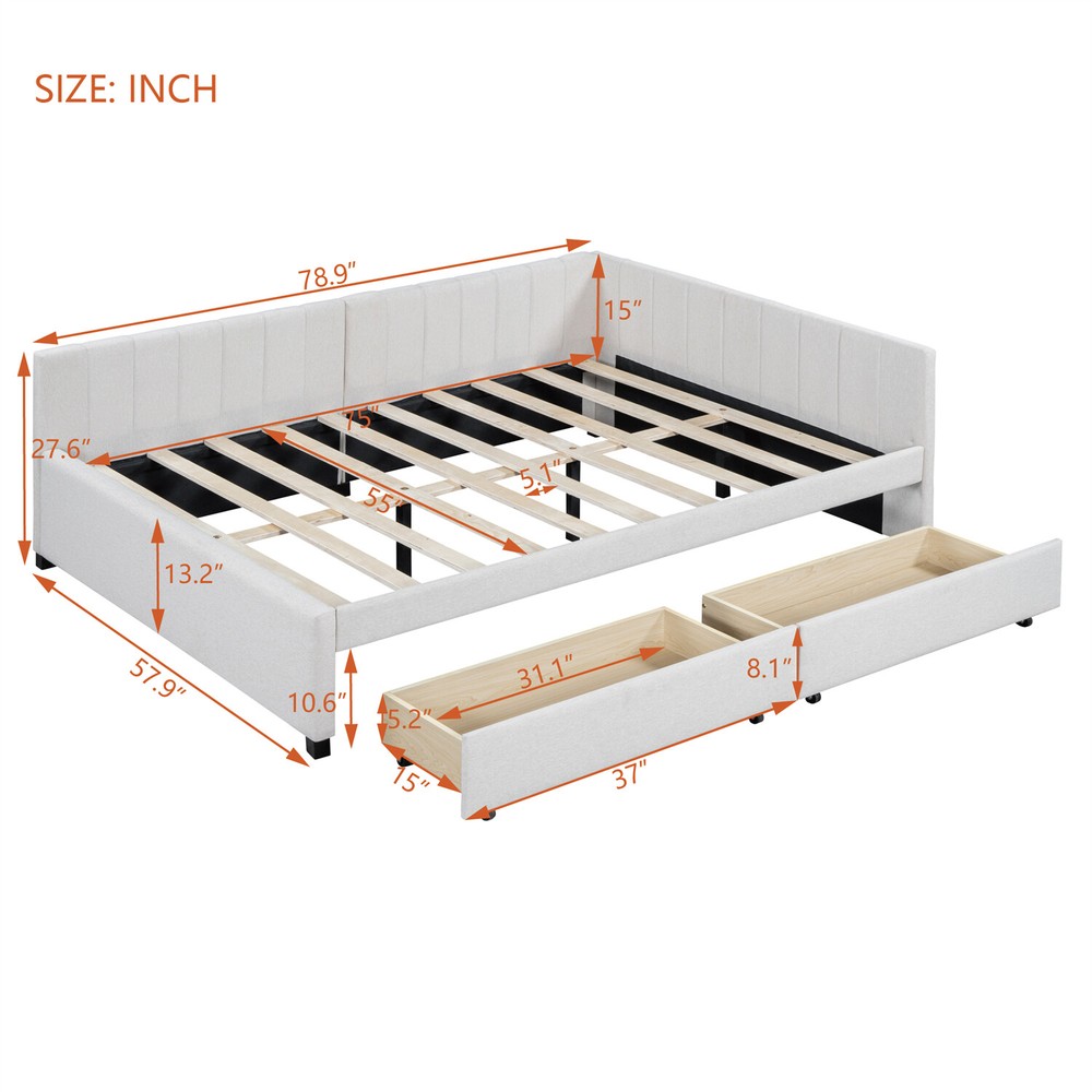 Full Size Daybed Upholstered Bed Frame Sofa Bed w/ 2 Storage Drawer Beige