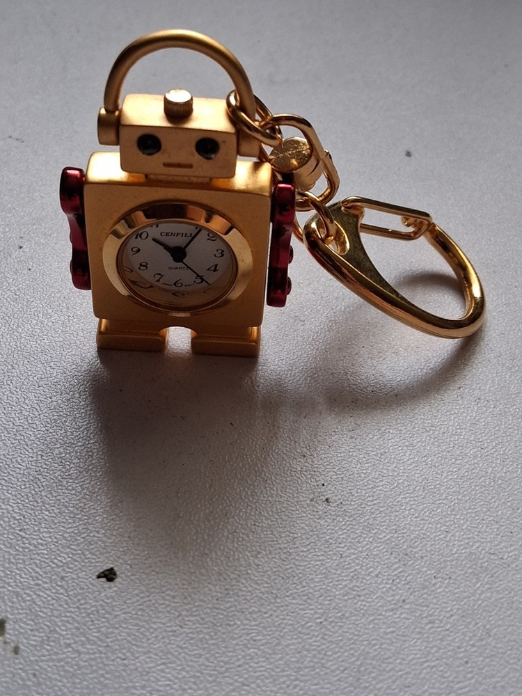 Cenfill Robot Key Ring Clock Quartz Movement Gold Tone Working Order VGC Retro