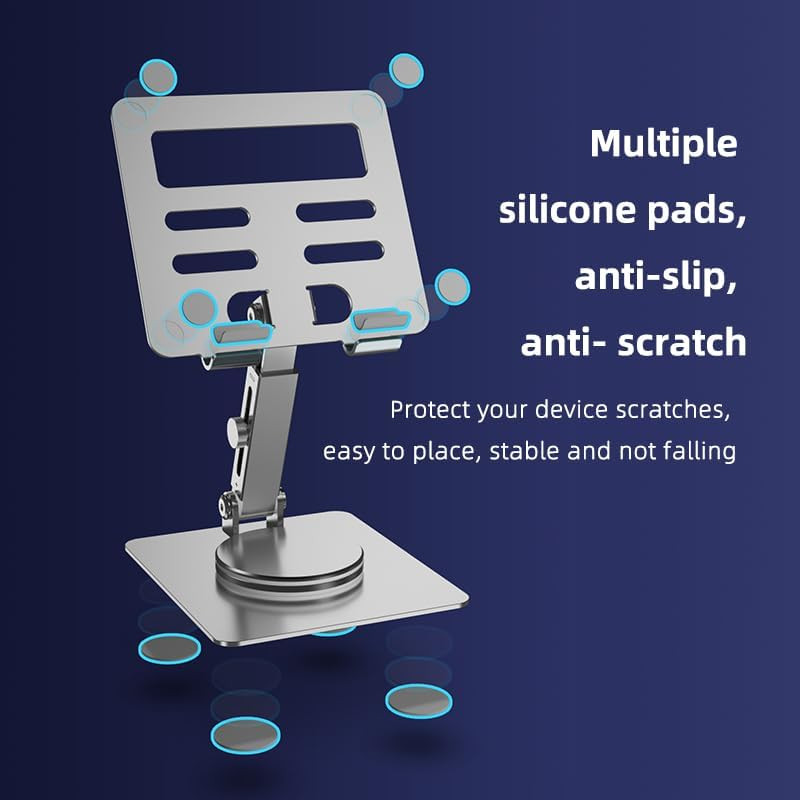 Tablet Stand for Desk, Adjustable Height & Swivel with 360° Rotating Base, Table