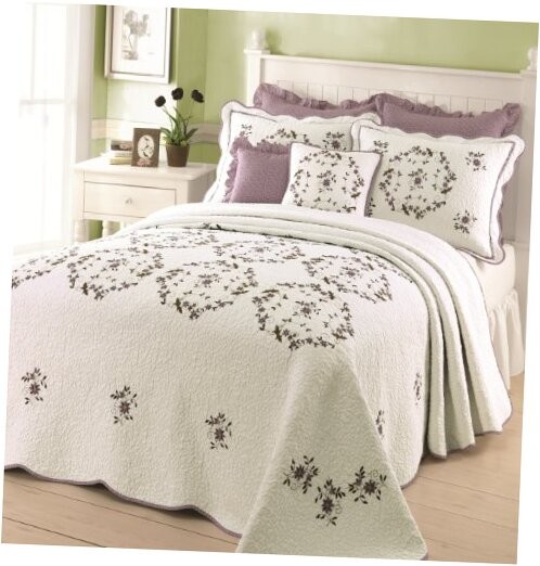 Embroidered Floral Quilted Bedspread, Lightweight KING BEDSPREAD Gwen