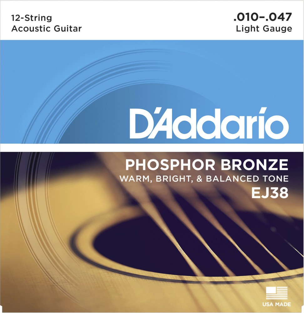 D'Addario EJ38 Phosphor Bronze 12-String acoustic guitar strings, Light