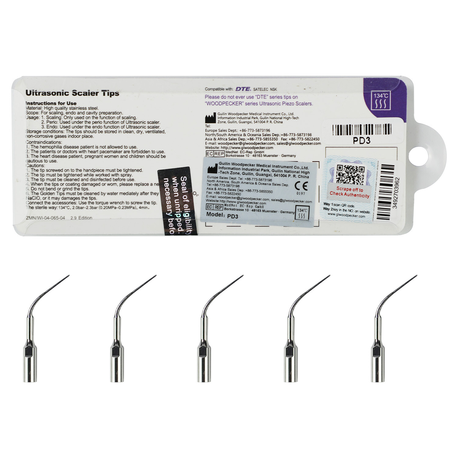 Woodpecker DTE Dental Ultrasonic Scaler Scaling Endo Perio Tips E ED G GD P PD