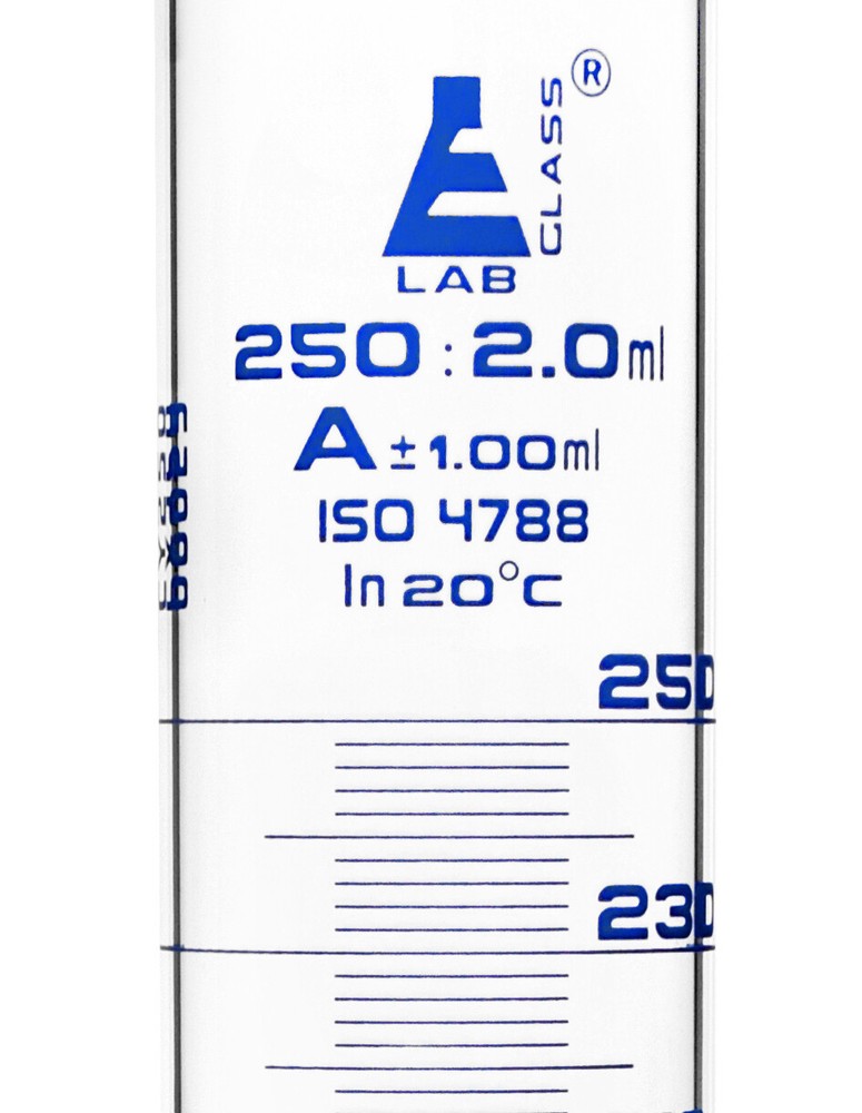 Eisco Labs 250ml Graduated Cylinder, Class A - Blue Graduations, Hexagonal Base