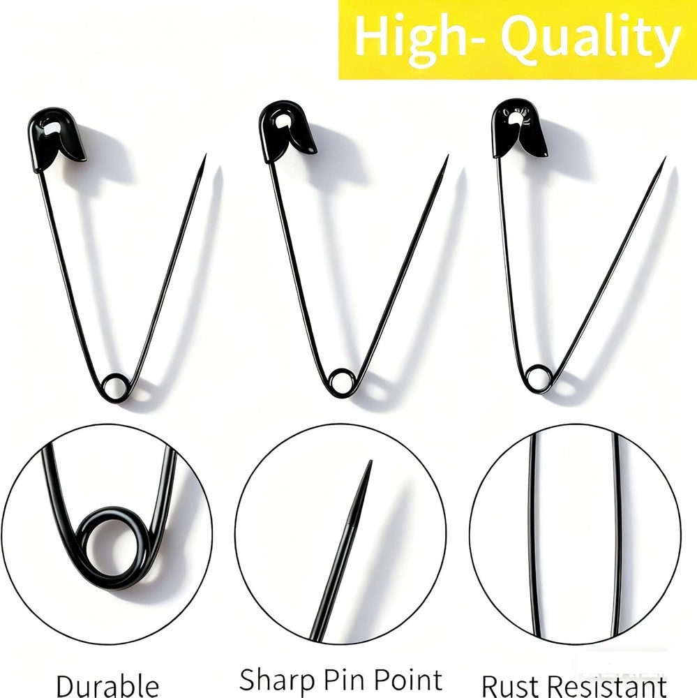 120 PCS 5 Different Sizes Black Safety Pins Assorted, Small and Large