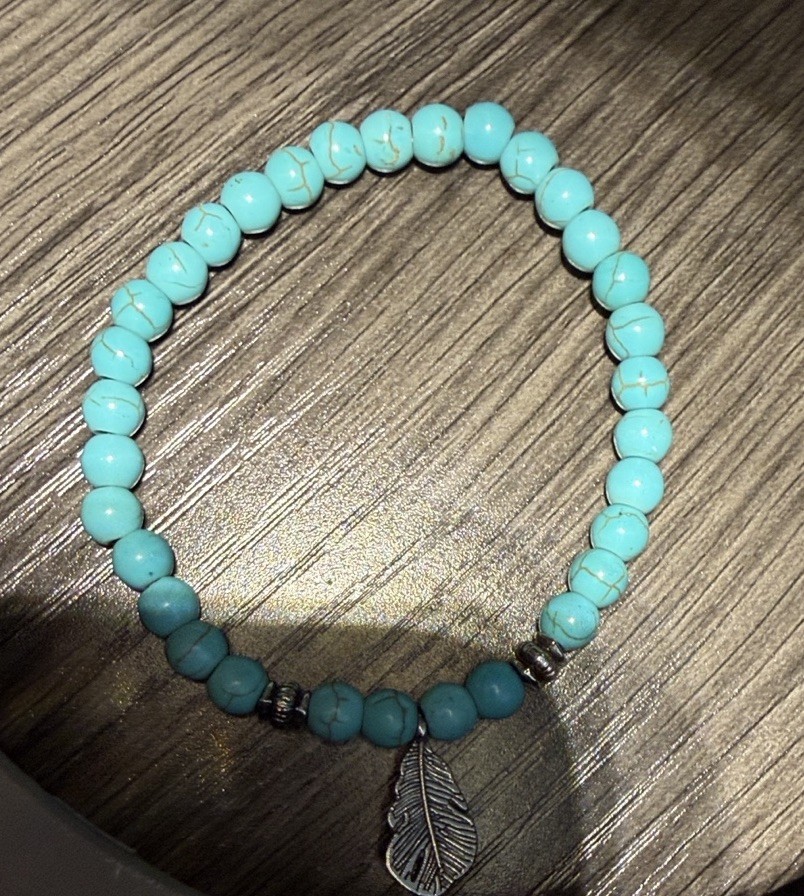 Turquoise Beaded Bracelet Silver Dangle Leaf Charm Nature Theme Stackable