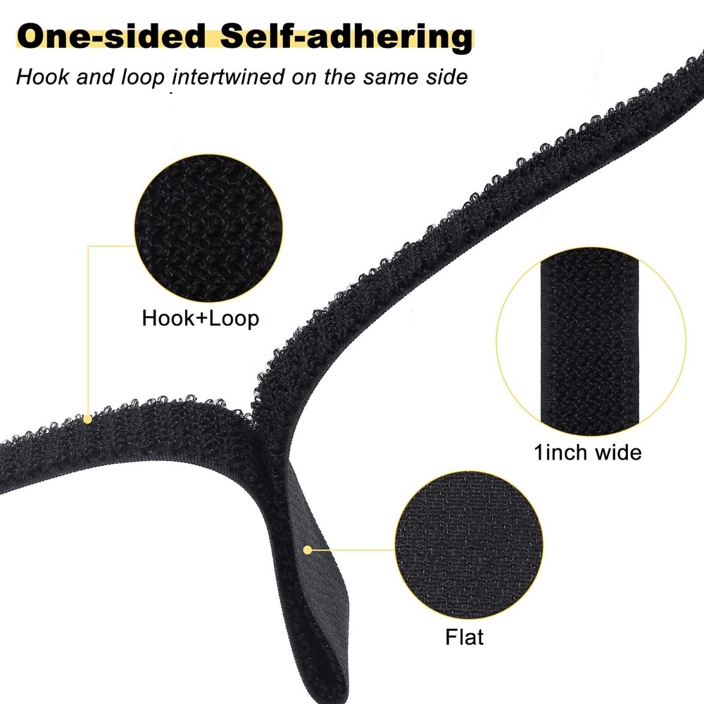 1"x32ft Hook & Loop Straps with 50 Buckles, Adjustable Cable Ties, Black