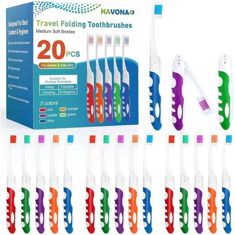 20 Pack Travel Folding Toothbrushes Portable Medium Bristles Ergonomic