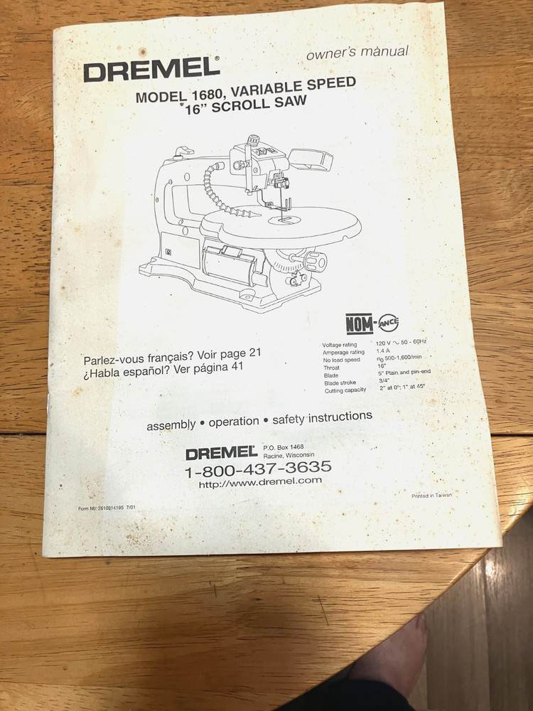 DREMEL MOD. 1680 VARIABLE SPEED 16" SCROLL SAW OWNERS MANUAL ONLY
