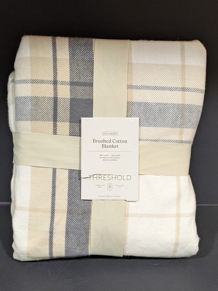 Full/Queen Brushed Cotton Blanket Neutral Plaid - Threshold