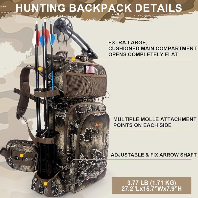 Camo Bow Hunting Backpack Adjustable Multi Pocket Water Resistant Gear Pack New