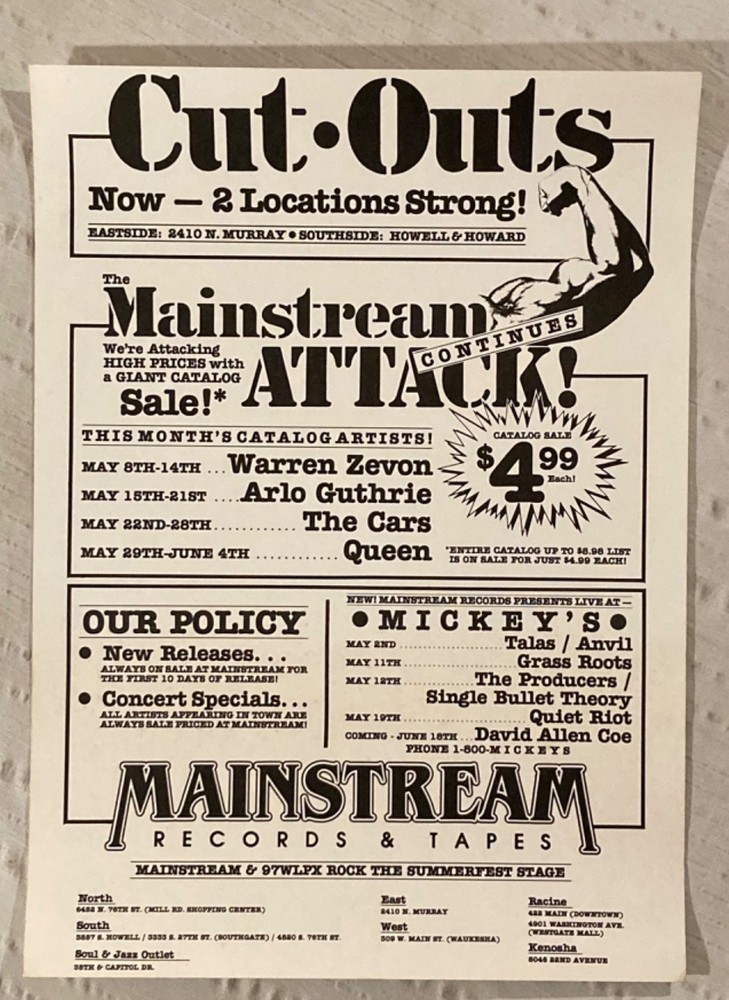 Mainstream Records Milwaukee 1982 Ad Poster Mickey’s Anvil Queen Cars Zevon D
