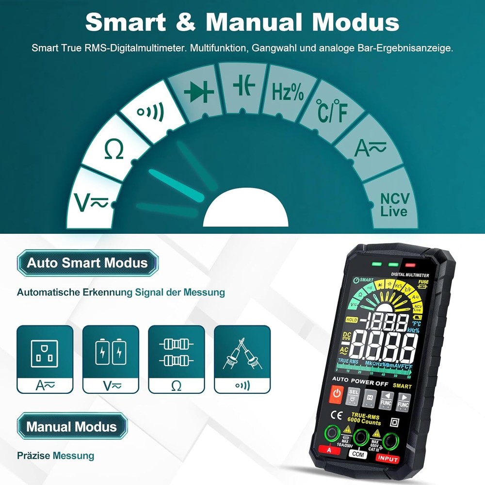 6000 Counts Smart Digital Multimeter TRMS Auto Range LCD Colour Display