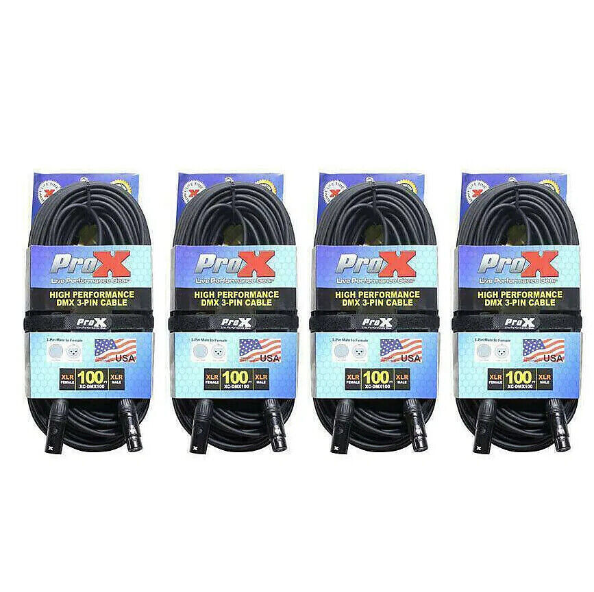 4 DMX Data Cables 3 Pin 100 ft High Performance Lighting DJ Pro Cable