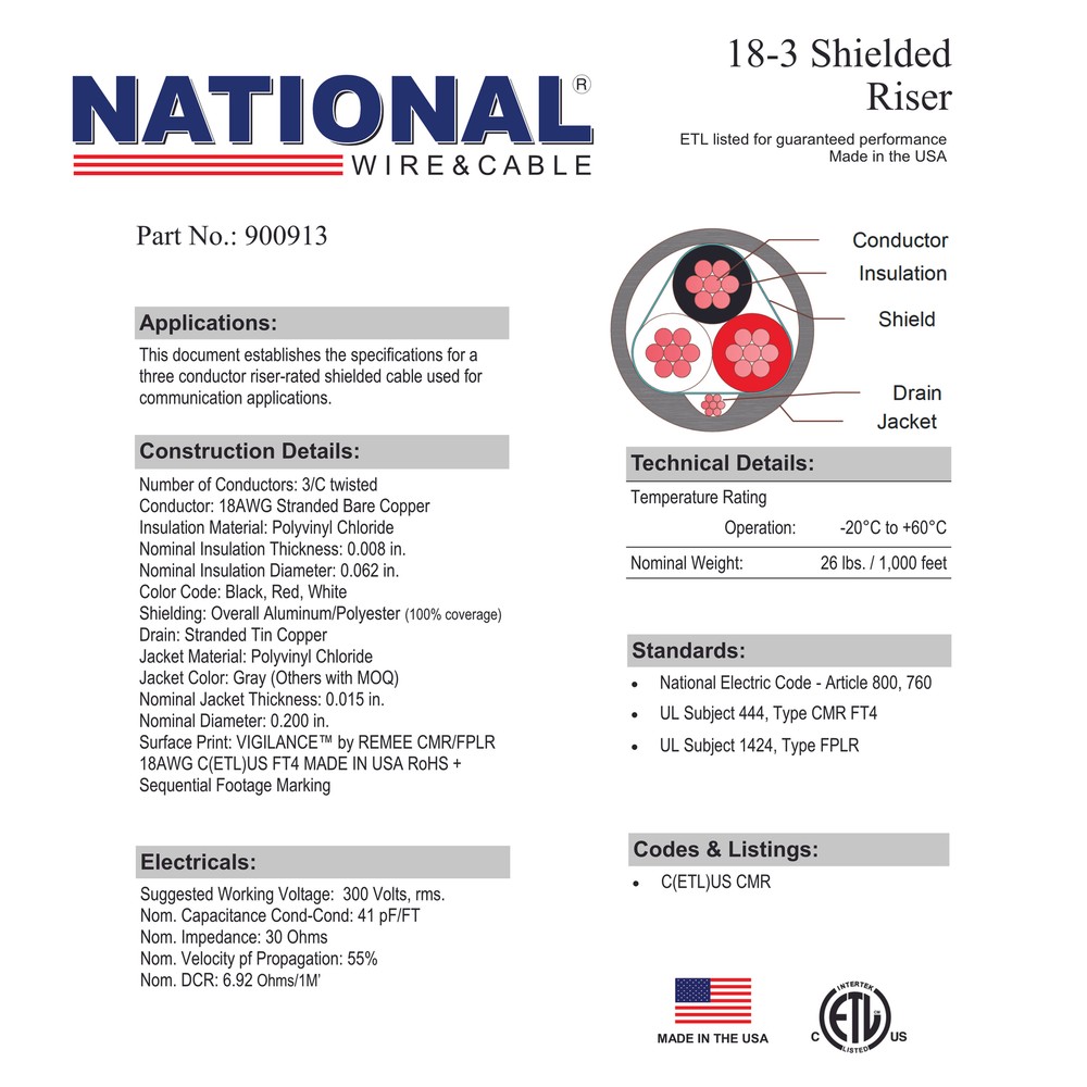 18-3 Shielded Riser - 1000 Ft.