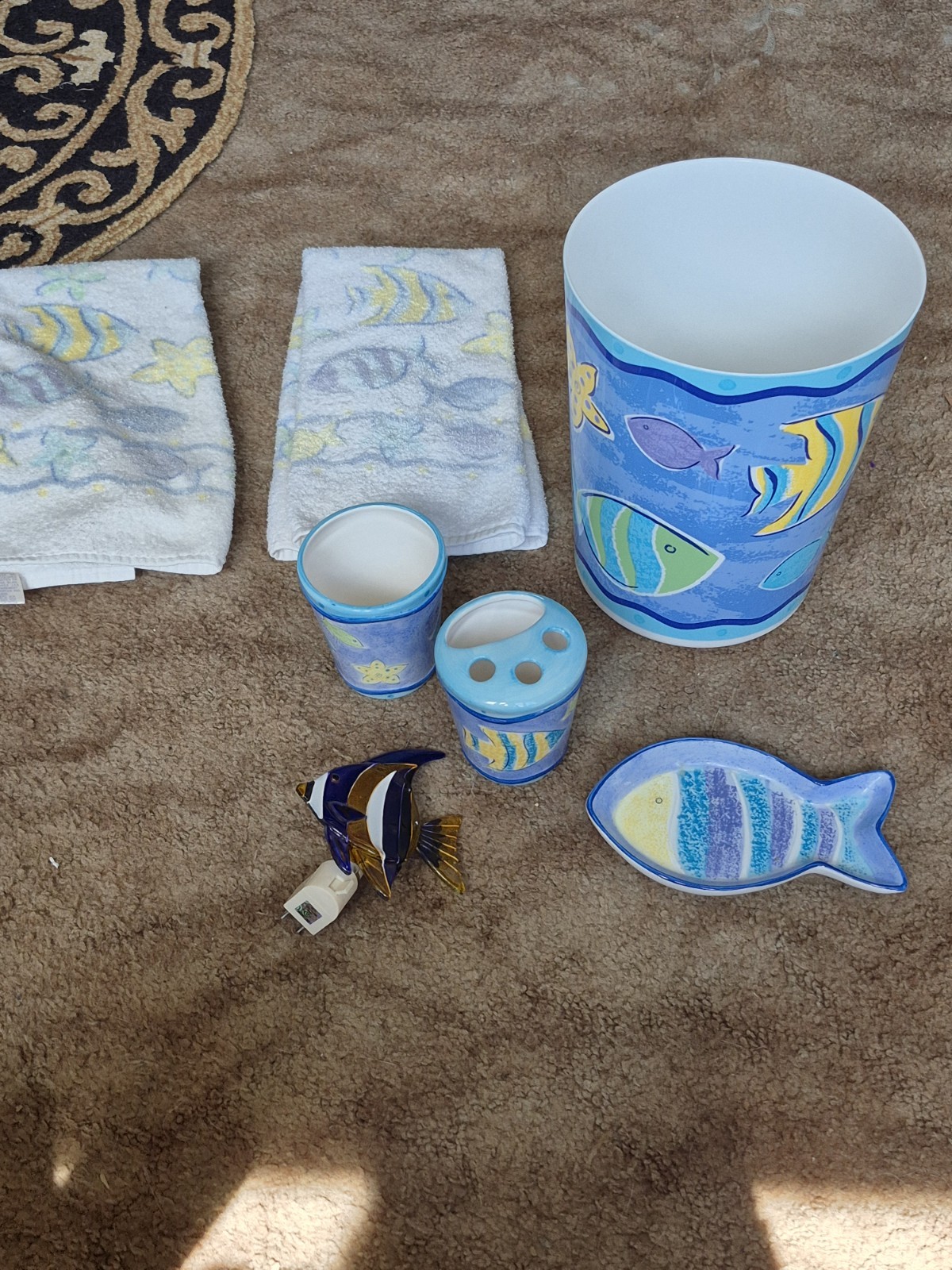 Fish Theme 7pc Bath Bathroom Set Ceramic Soap Dish ToothBrush Hold Cup Trash Can