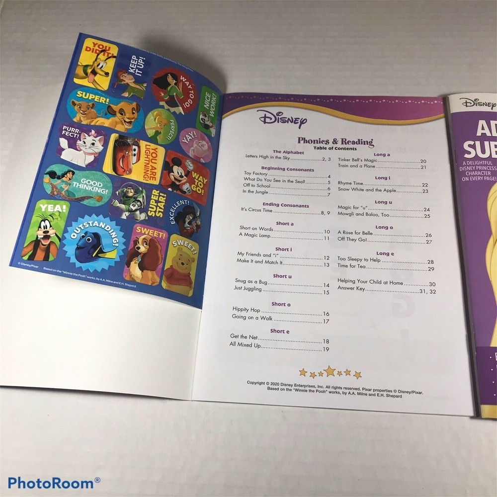 2-Pack Disney Phonics/Reading And Addition/Subtraction Workbooks New