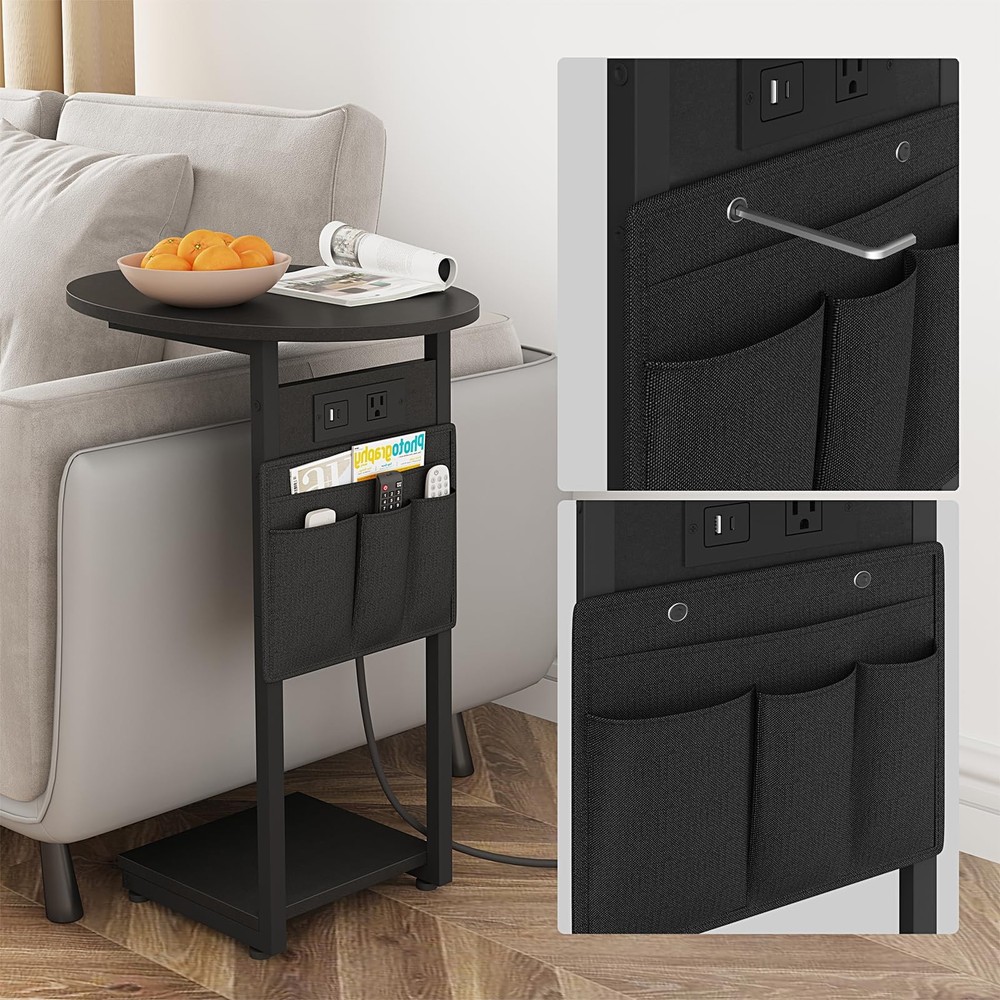 C Shaped End Table With Charging Station Small Side Table Round Couch Black