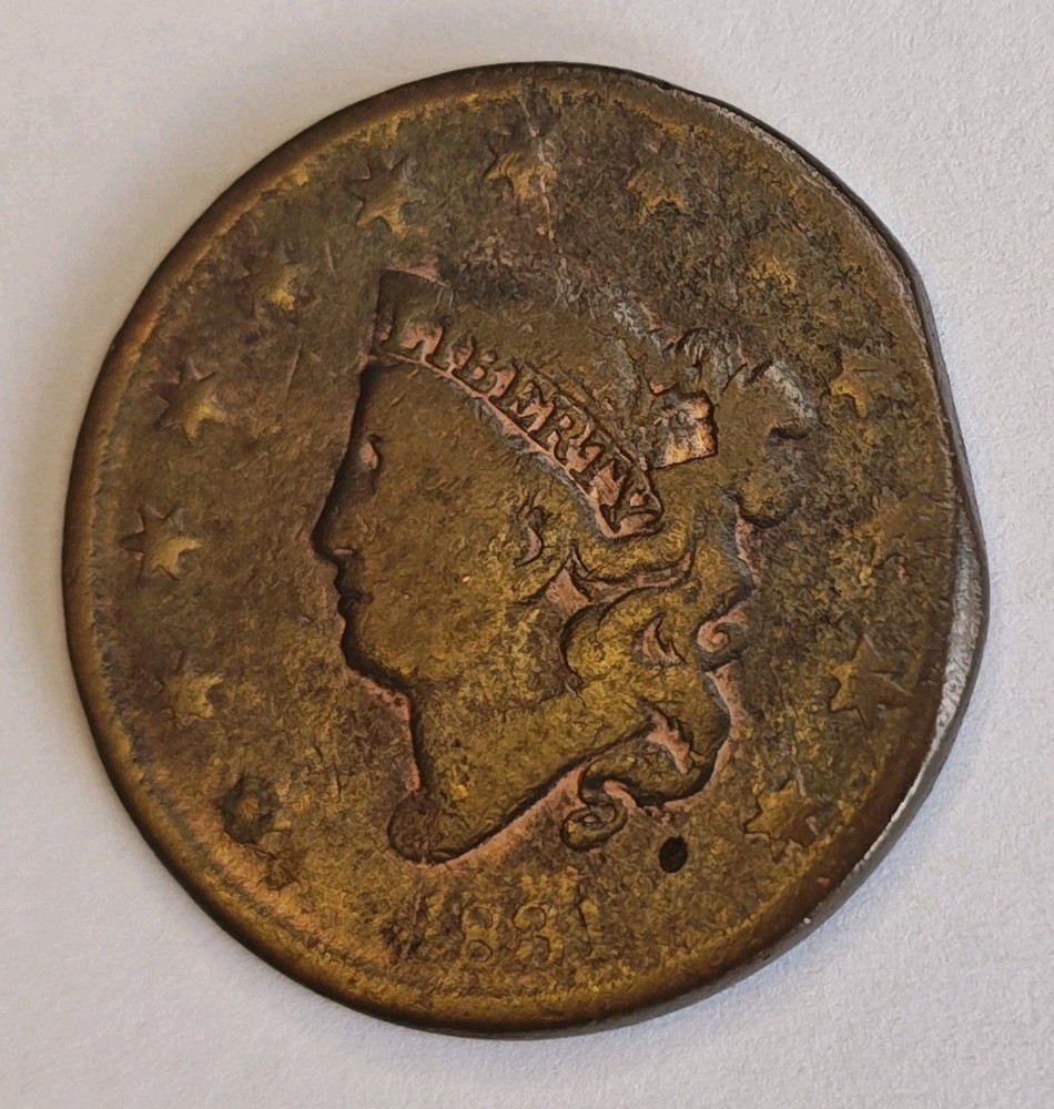 1831 Coronet Head Large Cent • Straight Clipped Planchet Error • AG/G