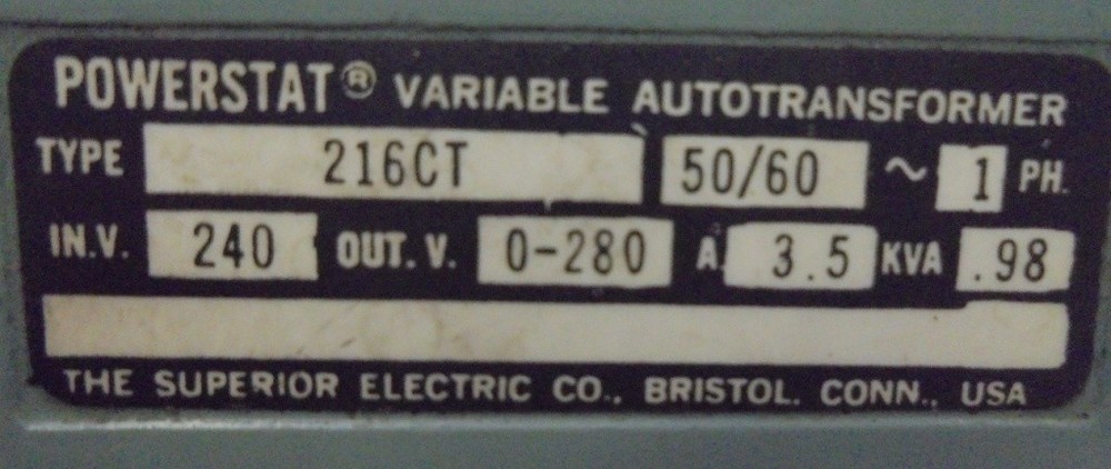 SUPERIOR ELECTRIC POWERSTAT 216CT VARIABLE AUTOTRANSFORMER, 0.98 KVA