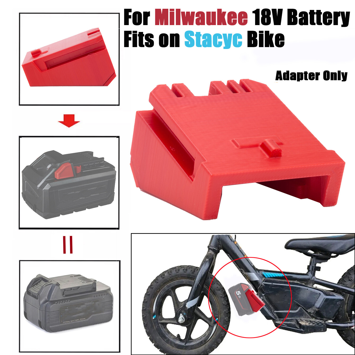 Adapter For Milwaukee 18V Li-Ion Battery To Fits On 12" 16" Stacyc Bikes