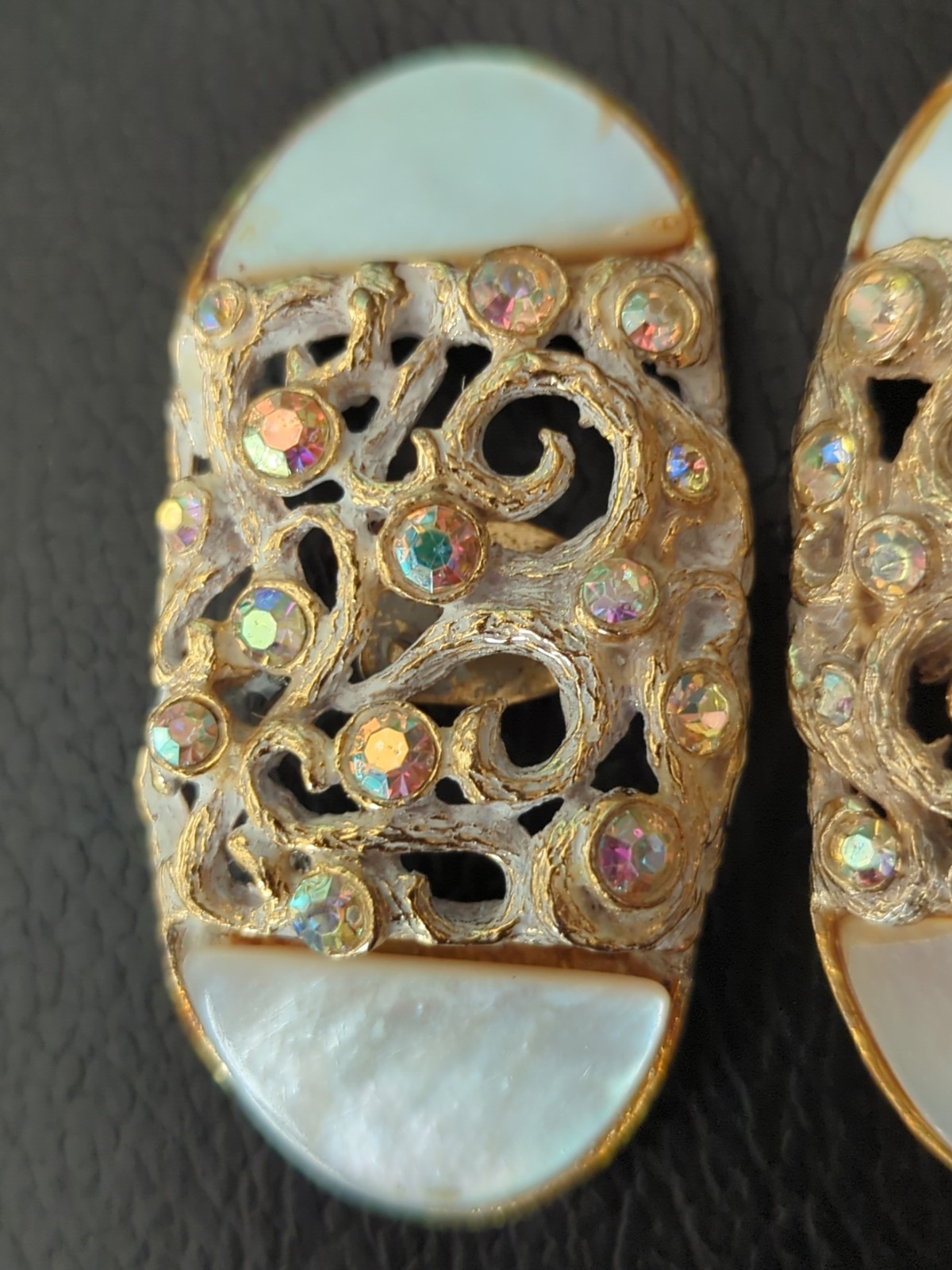 Vintage Musi Rhinestone Shoe Clips Silver Amber Oval Intricate Scrolling