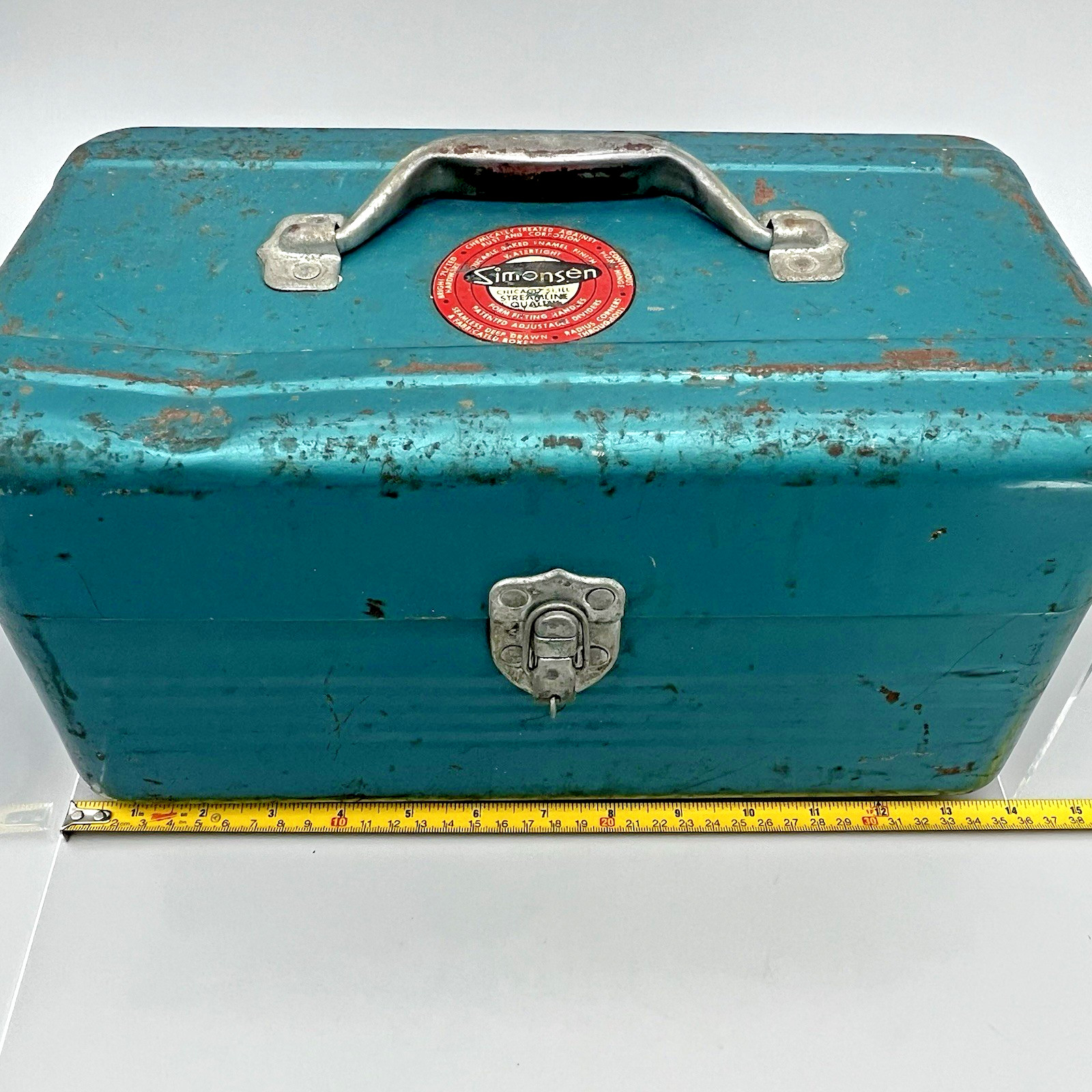 VTG Simonsen Green Teal Metal Tool Tackle Box 14" x 8" 2 Trays Industrial Patina