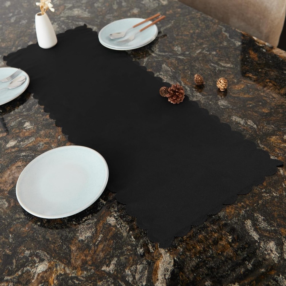Small Solid Black Farmhouse Scalloped Table Runner Washable Polyester 13x36 Inc