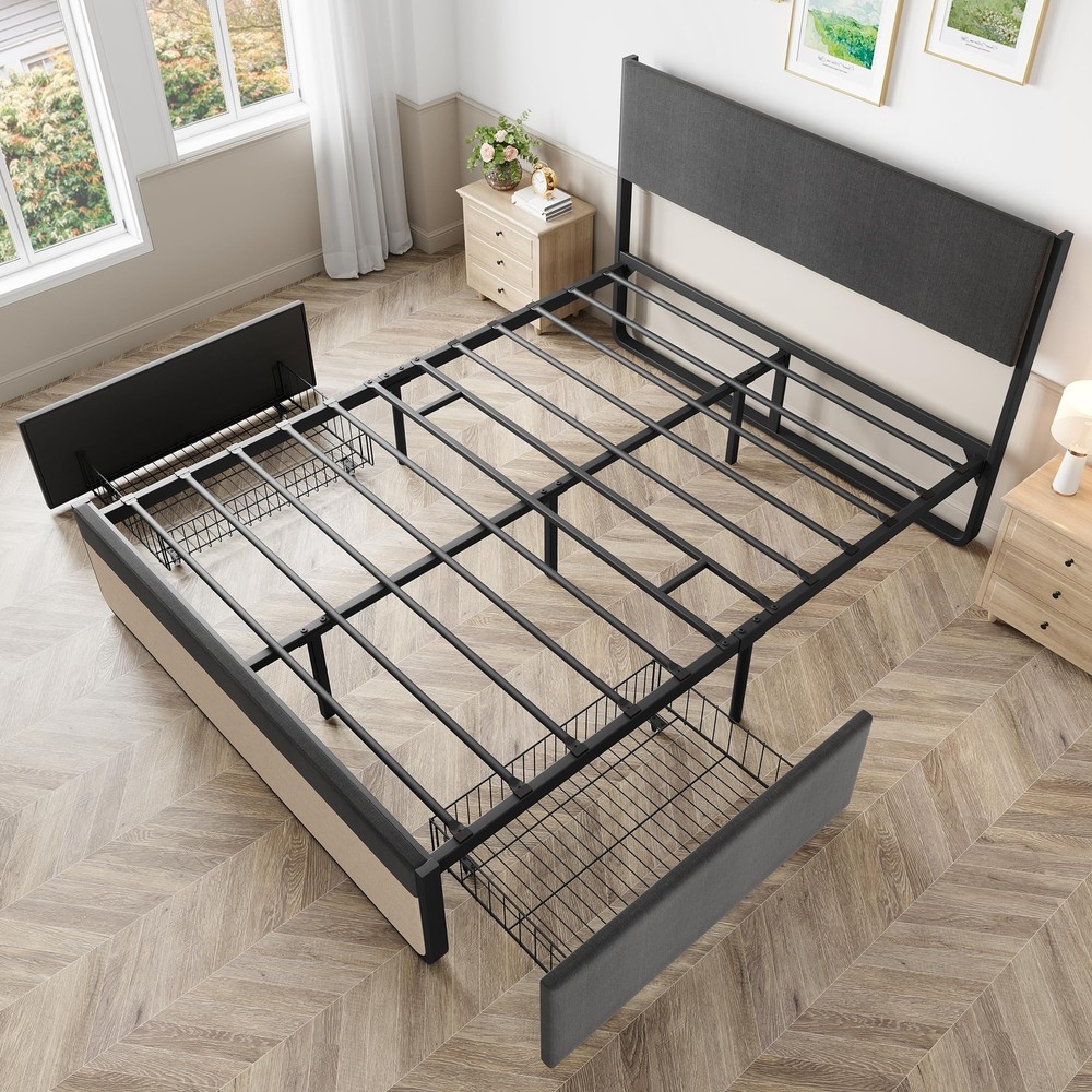 Full Size Bed Frame Headboard Platform Bed Frame Metal Slats Support & 2 Drawers