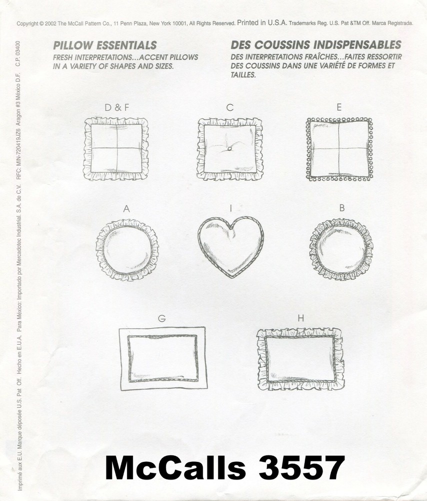 McCalls 3557 Pillow Essentials Sewing Pattern Uncut