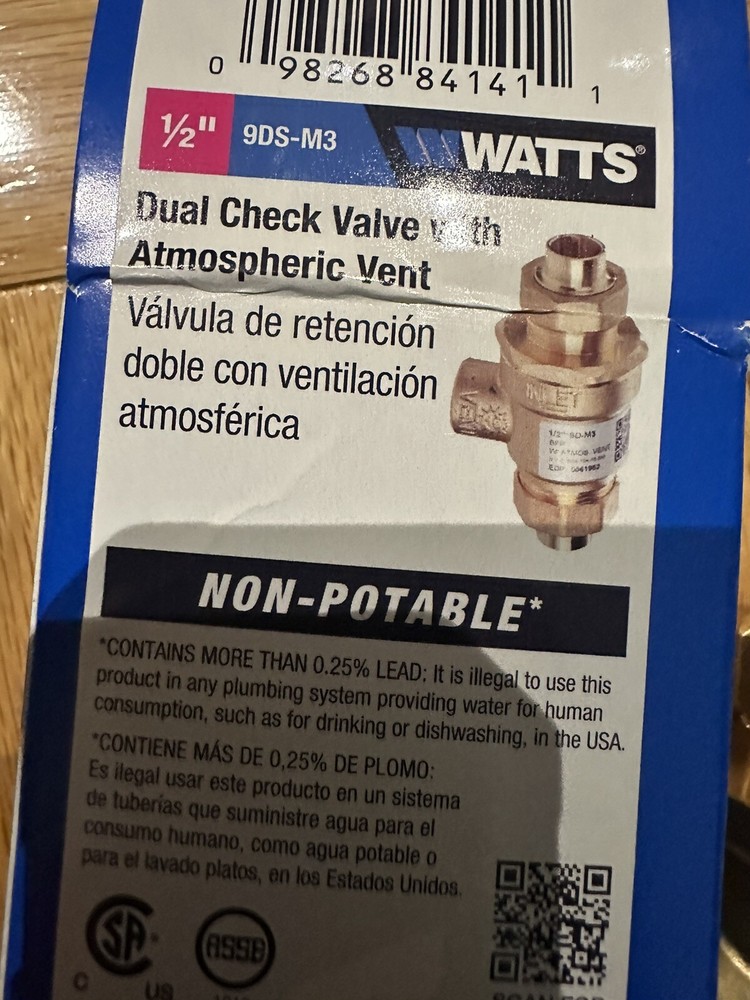 WATTS 1/2” DUAL CHECK VALVE WITH ATMOSPHERIC VENT 9DS-M3