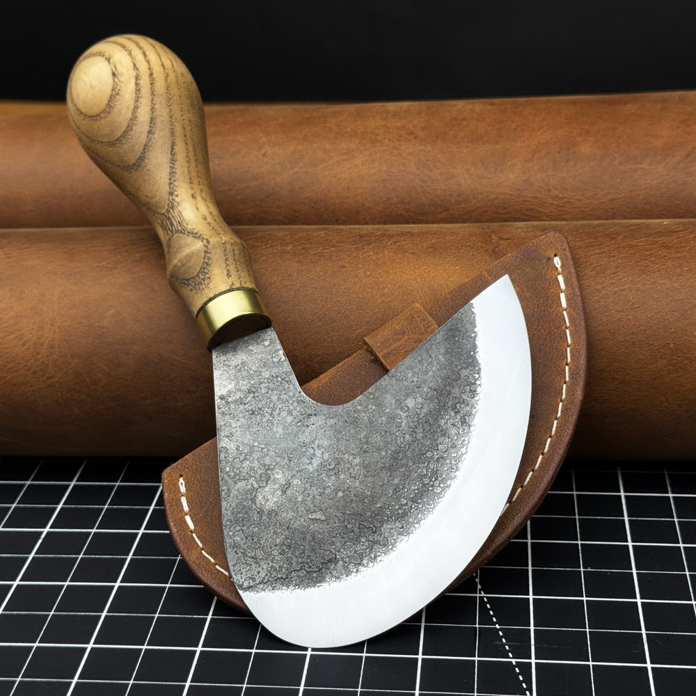 Round Knife for Leather Work. Razor Sharp Blade. Head Knife. Hand Forged Knife.