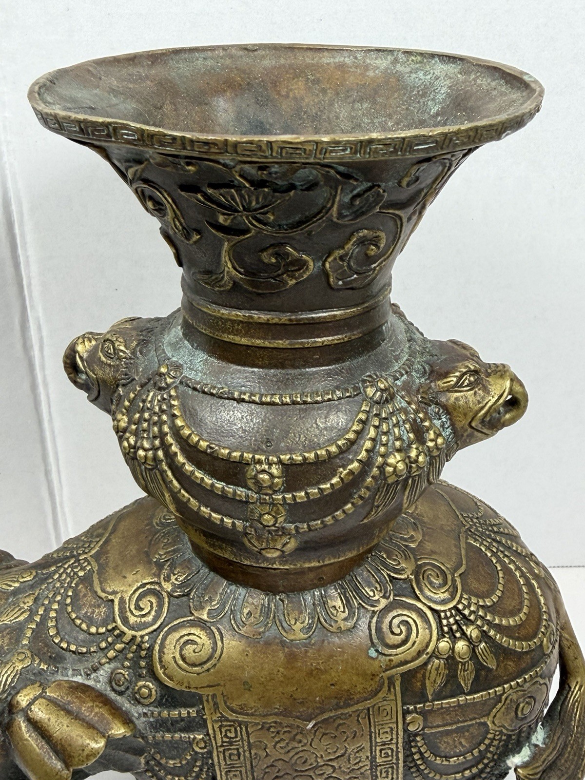 Vintage Chinese Bronze Elephant Censer Incense Burner Vase 7.5” Tall Heavy