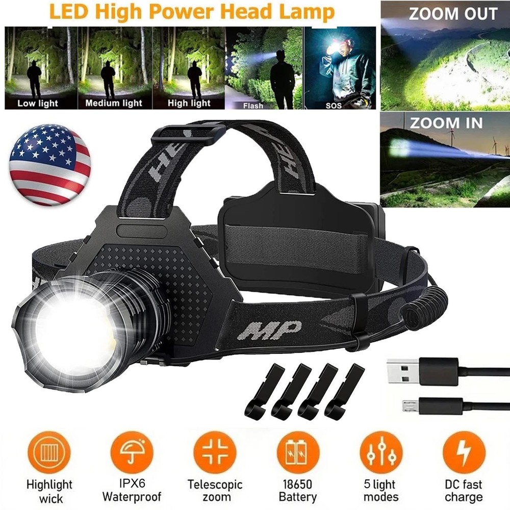 Rechargeable LED Headlamp 100000 Lumen, Super Bright Head Lamp Flashlight 5 Mode