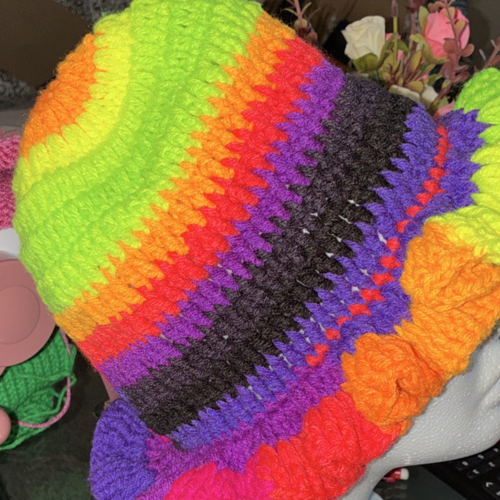 Handmade Crocheted Multicolor Colorful Ruffled Hat Unique Design